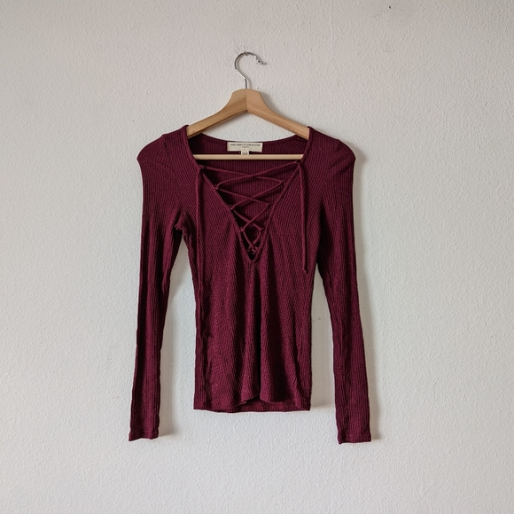 UO Project Social T Lace Up Ribbed Long Sleeve Tee Shirt - Picture 2 of 7